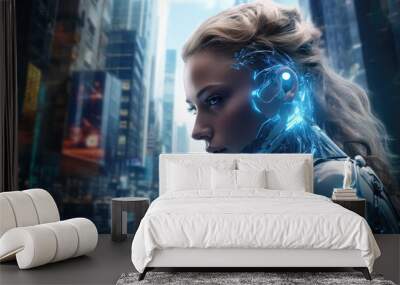 Futuristic superhero cyberpunk young woman and a city landscape Wall mural