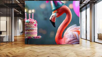 generative ai a portrait of a flamingo at its birthday party donning a festive hat and accompanied by a whimsical cake with candles Wall mural