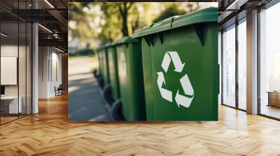 Green Recycling Bins with Recycle Symbol in Park Setting Wall mural