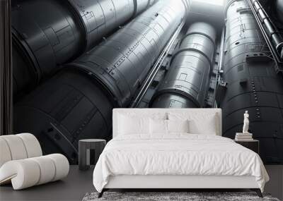 grey wallpaper full of technical tubes and silos Wall mural