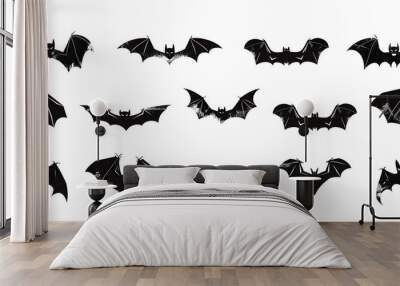 Halloween bat silhouette set isolated on white background. Spooky black horror bat graphic. Vector illustration Wall mural