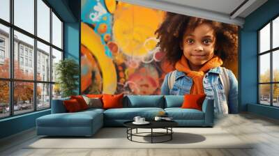 happy african american woman with curly hair on graffiti background Wall mural