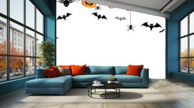 Happy Halloween seamless banner or border with black bats, spider web, ghost and pumpkins. Vector illustration party invitation isolated on transparent background Wall mural