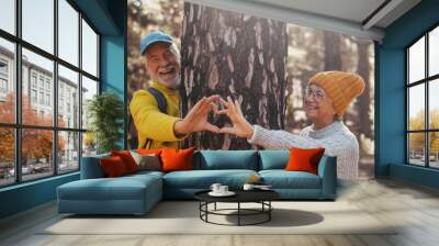 Head shot portrait close up of cute couple of old seniors middle age people making heart shape around big tree loving and taking care of nature concept lifestyle. Two pensioners persons enjoying  Wall mural