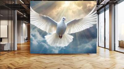 Holy Spirit: White Dove with Open Wings in the Clouds Wall mural