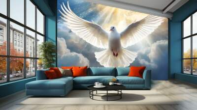 Holy Spirit: White Dove with Open Wings in the Clouds Wall mural