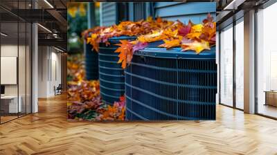 Home HVAC maintenance. Fall cleaning, repair, service. Autumn leaves covering air conditioning units. Wall mural