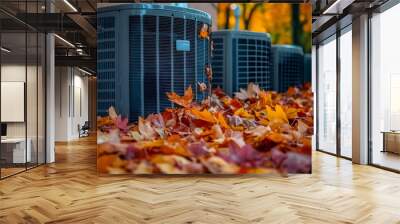 Home HVAC maintenance. Fall cleaning, repair, service. Autumn leaves covering air conditioning units. Wall mural