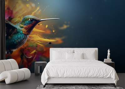 Hummingbird collecting nectar from flowers Wall mural