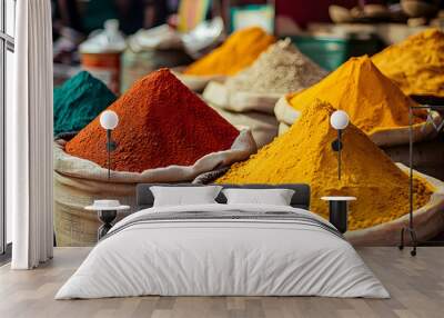 Indian colored spices at local market. Wall mural