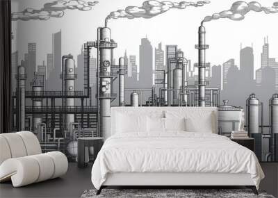 Industrial Cityscape   Factory with Smoke Stacks and City Skyline Wall mural