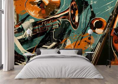 Jazz music instrument and human hands in retro collage vector illustration Wall mural