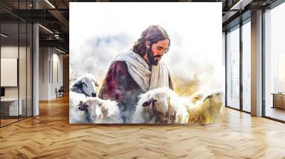 Jesus, depicted in a digital watercolor painting on a white background, identifies himself as the caring Good Shepherd who sacrifices for his flock. Wall mural