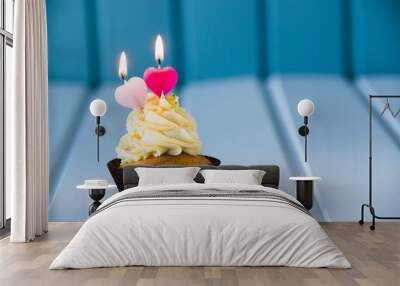 cupcake with a heart shaped candles for 2 - second birthday Wall mural