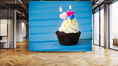 cupcake with a heart shaped candles for 2 - second birthday Wall mural