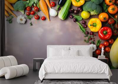 Fresh healthy vegetables arranged flat on a dark background Wall mural