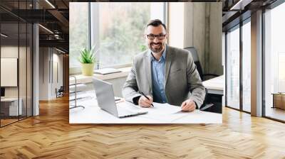 Happy middle aged handsome businessman in shirt working on laptop computer in office Wall mural