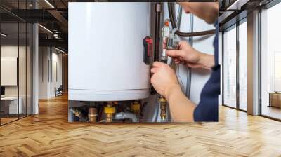 Hydraulic mechanic installer repairs an electric water heater in a house Wall mural