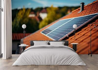 Photovoltaic solar panels on the roof of a single-family home Wall mural