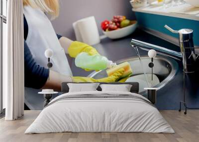 Woman washing dishes in the kitchen with sponge. Wall mural