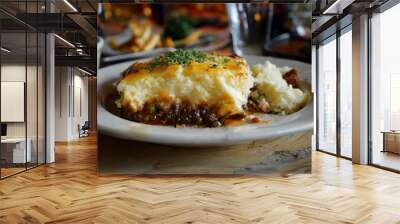 A plate of shepherd's pie on a kitchen table or a restaurant. Traditional food.  Wall mural