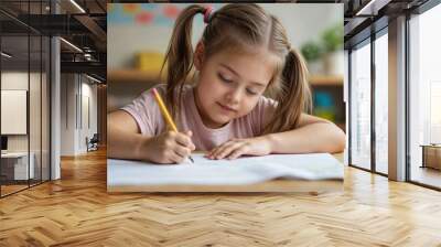 A young female kindergarten student in her classroom, sitting at her desk, drawing on a piece of paper. Wall mural