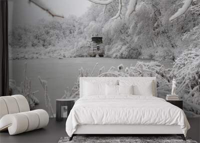 Snowy frozen lake on a gloomy day in winter Wall mural