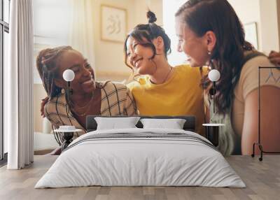 happy, hug and women friends gossip, speaking and bond with care, trust and story in their home. smi Wall mural