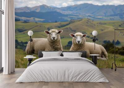 Two sheep relaxing in a meadow with a vast landscape of hills, mountains, and sky in the background. Wall mural