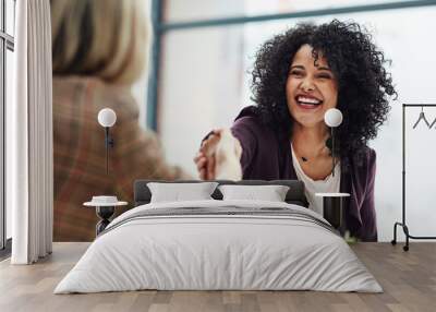 Handshake with a happy, confident and excited business woman or human resources manager and a female colleague, partner or employee. An agreement, deal or meeting with a coworker in the boardroom Wall mural