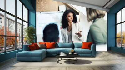 Presentation meeting, communication and woman talking, planning and giving proposal, report or strategy plan. Project management, teamwork and biracial manager, leader or boss with sales pitch ideas Wall mural