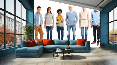 Stylish and casual line-up. Casually dressed group of young adults standing against a white background. Wall mural