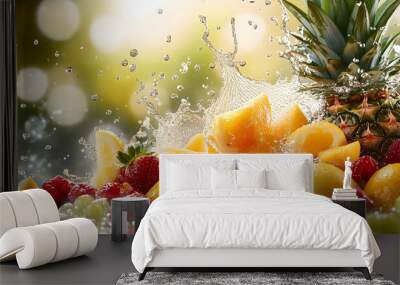 lots of fruits splashing together juicy pineapples grapes strawberries lemons oranges mangos raspberries bright fun images magical blurred background Wall mural