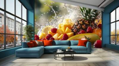 lots of fruits splashing together juicy pineapples grapes strawberries lemons oranges mangos raspberries bright fun images magical blurred background Wall mural