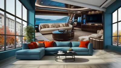 Luxury yacht interior with stylish panoramic windows, white leather sofas and sleek wooden design. Wall mural