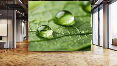 Macro photography of water drops on a green leaf Wall mural