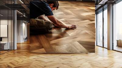 man installing parquet floor at home Wall mural