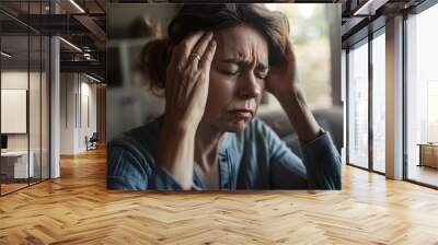 Middle-aged woman with migraine or headache holding head Wall mural