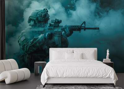 Military Soldier Holding Rifle in Smoke During Training Exercise Wall mural