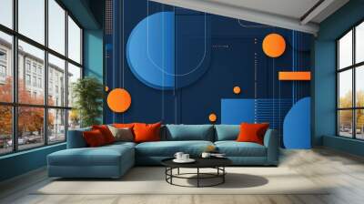 Minimal geometric background. Dynamic blue shapes composition with orange lines. Abstract background Wall mural