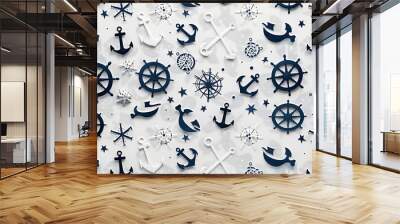 Minimalist pattern with anchors, ship wheels, and compasses, navy blue and white color scheme Wall mural