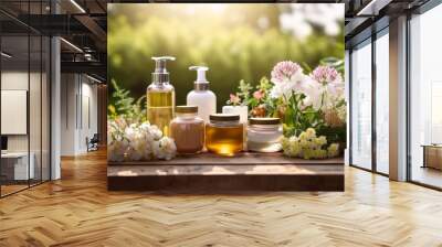 Natural cosmetics arranged on a rustic wooden table amidst blooming garden flowers and fresh nature. Wall mural