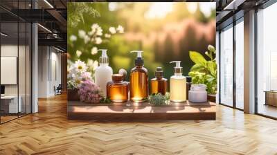 Natural cosmetics arranged on a rustic wooden table amidst blooming garden flowers and fresh nature. Wall mural