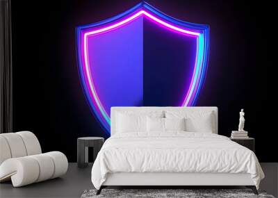 Neon blue shield icon with glowing purple accents isotated on black background. Wall mural