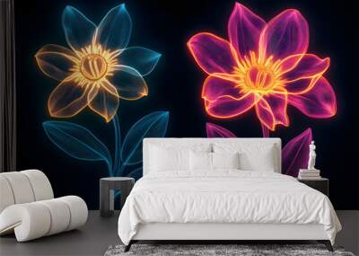 Neon flower icon outlines isotated on black background. Wall mural