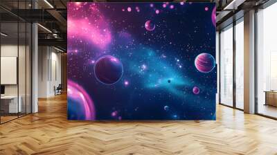 Neon galaxy with sparkling stars and floating planets in bright pink and blue tones. Abstract art on black background. Wall mural