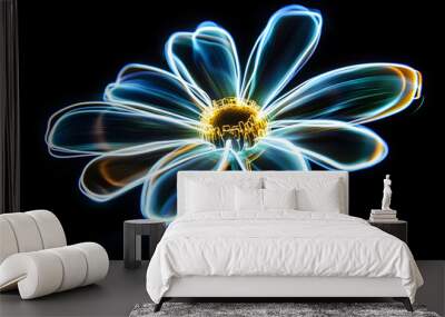 Neon outline of a daisy flower with glowing light trails isolated on black background. Wall mural