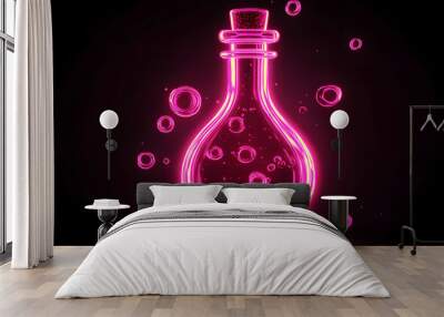 Neon pink outline of a magic potion bottle with glowing neon bubbles isotated on black background. Wall mural