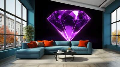 Neon purple diamond outline isolated on black background. Wall mural