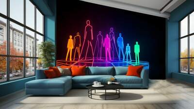 Neon silhouette of diverse people on futuristic business graph representing teamwork isolated on black background. Wall mural